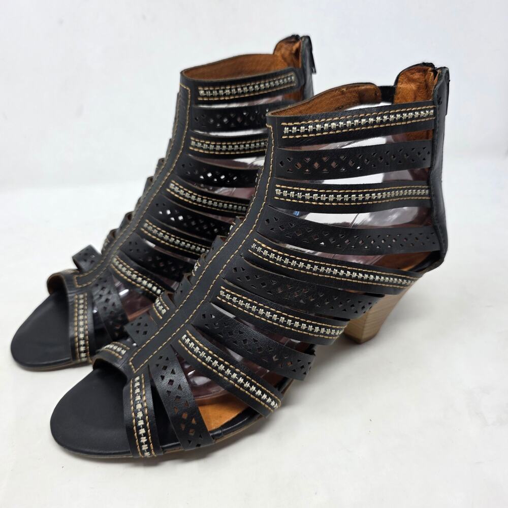 Pikolinos Black Leather Strappy Sandals Zip Block Heel Womens 10